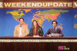 NL Weekend Update desk with tiny Chevy Chase superimposed