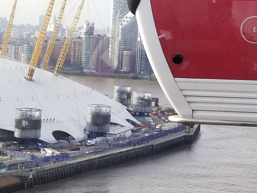 An Emirates Air Line cable car as it passes the Millennium Dome in London. Photo by Anastasia Mills Healy.